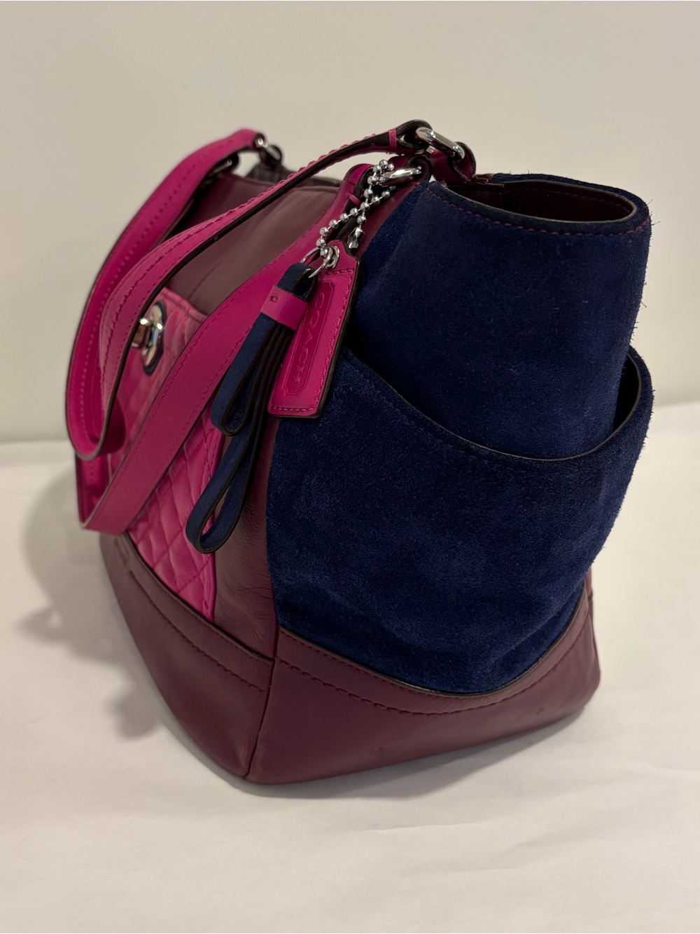 Coach #F24693 Colorblock Leather Tote Bag in Fuchsia, Burgundy & Navy - Picture 16 of 16